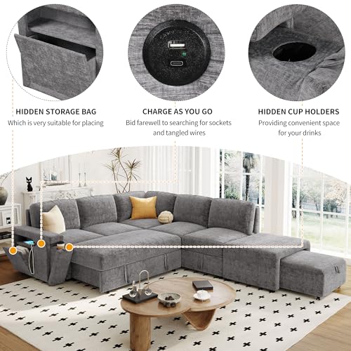 L-Shaped Modular Sofa with Removable Storage Ottoman, USB Ports and Cup Holder, Upholstered Sectional Couch & Armrest, Free Combination Indoor Furniture for Living Room, Apartments, Gray