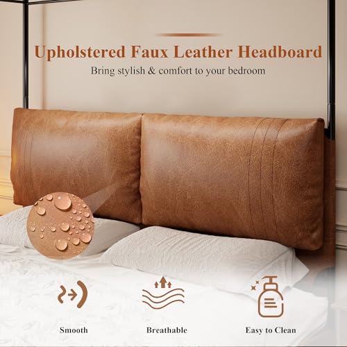 King Size Upholstered Canopy Bed Frame with Faux Leather Headboard, Brown, view 5