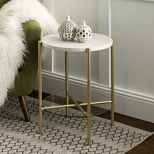 Blaine Mid Century Modern Marble and Glass Round Accent Table, 20 Inch, Marble and Gold