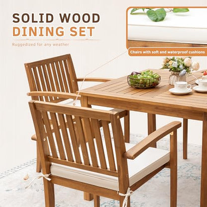 5 Piece Patio Dining Set Outdoor Solid Wood Furniture for Yard, Garden, Porch w/Square Tabletop & 4 Chairs, White
