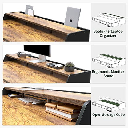 Standing Desk 48x26 Inches with 3 Wood Drawers and Monitor Shelf, Ergonomic Rising Home Office Desks, Height Adjustable Computer Desk, Sit Stand Up Electric Workstation Table, Brown
