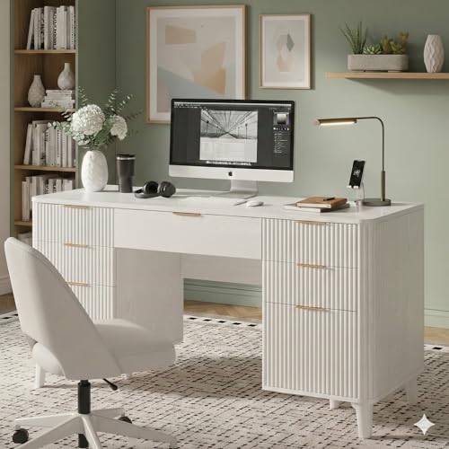 White Desk with Drawers, 55" Fluted Executive Desk with Storage Cabinet, Wood Home Office Desk with File Cabinet, Modern Computer Writing Desk for Study, Living Room, Bedroom