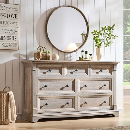 Farmhouse 7 Drawers Dresser for Bedroom, 54" Wide Wood Rustic Chest of Drawers w/Roman Column, Wooden Storage Dressers Organizer for Bedroom, Living Room, Light Rustic Oak