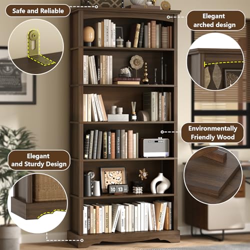 6-Tier Wooden Bookshelf, 76 Inch Tall Bookshelf with Storage, view 7