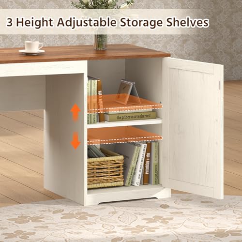 Farmhouse L Shaped Desk with Drawers and Storage Shelves, 59" L Shape Executive Desk with File Drawers and Power Outlet, Wood Computer Corner Desk with Storage Cabinet for Home Office, Antique White