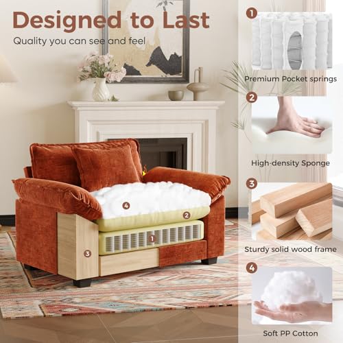 Oversized Accent Chair, 49.5'' W Chenille Cloud Sofa Chair with Deep Seat and Extra Wide Armrests, Comfy Reading Armchair for Bedroom, Living Room, Terracotta Orange