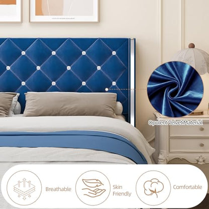 Queen Size Bed Frame with Headboard, Blue Queen Bed Frame with Wingback, Upholstered Bed Frames with Diamond Headboard, Wood Slat Support, No Box Spring Needed, Easy Assembly, Blue