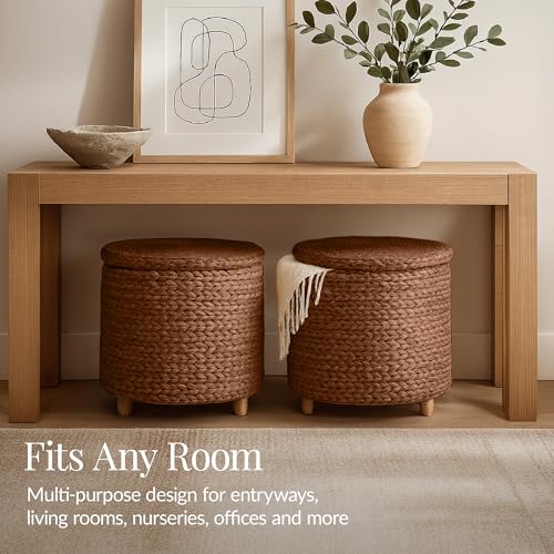 Best Choice Products 17" Round Storage Ottoman W/Lid, Handwoven Water Hyacinth Footstool, Footrest w/Wooden Legs, Accent Side Table, Storage Container, Plant Stand - Chestnut