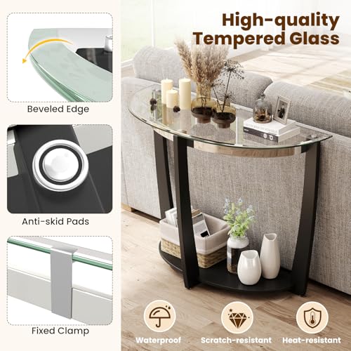 2-Tier Glass Console Table, Half Moon Modern Entryway Table with Tempered Glass Top & Open Storage Shelf, Narrow Long Sofa Table for Living Room, Hallway, Foyer, Entrance (Black)