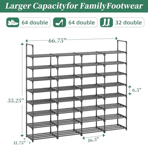 8-Tier Shoe Rack Large Capacity 64 Pairs Tall Shoe Shelf, Sturdy Metal Shoe Organizer for Entryway, Closet, Bedroom, Black