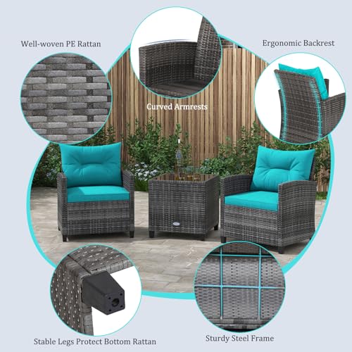 3 Piece Patio Furniture Set, Outdoor PE Rattan Conversation Set with Washable Cushions & Tempered Glass Tabletop, Wicker Chairs and Table Set for Porch, Garden, Balcony (Turquoise)