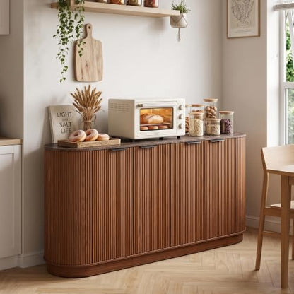 Modern Sideboard Buffet Cabinet with Storage, 59” Curved Credenza, Walnut, view 7