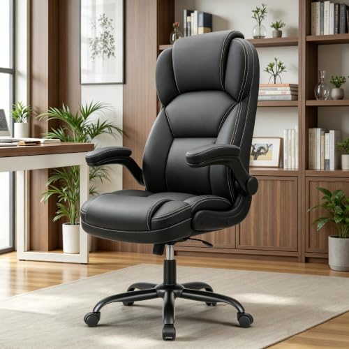 PU Leather Office Chair Desk Chair with Flip-up Armrests, Black, view 2