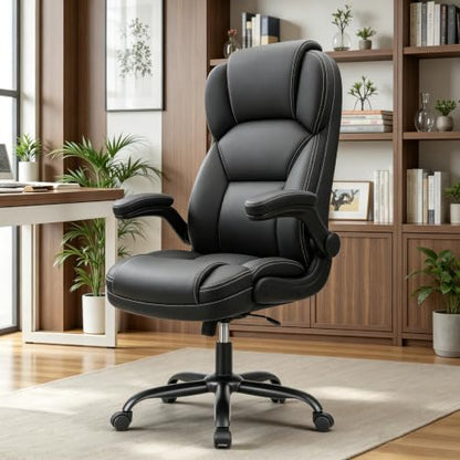 PU Leather Office Chair Desk Chair with Flip-up Armrests, Black, view 2