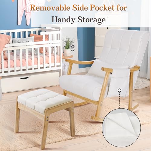 Upholstered Rocking Chair with Ottoman, Modern Indoor Nursery Glider Rocker Chair, Solid Wood High Back Armchair with Fabric Padded Seat for Living Room Bedroom
