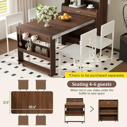 Kitchen Buffet with Hutch, 33.5-inch Sideboard Cabinet with Foldable Drop-Leaf Dining Table, Storage Shelves and Hooks for Small Spaces, Apartment (Walnut Wood+MDF + Farmhouse)