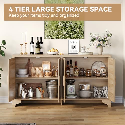 Natural Rattan Storage Cabinet with Shelves, 4-Door Sideboard Buffet Cabinet, view 6