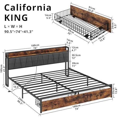 California King Size Bed Frame with 2 Drawers and Charging Station, view 3
