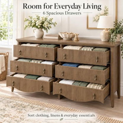 6-Drawer Fluted Dresser, 52" Wide Double Chest of Drawers,Light Oak, view 6