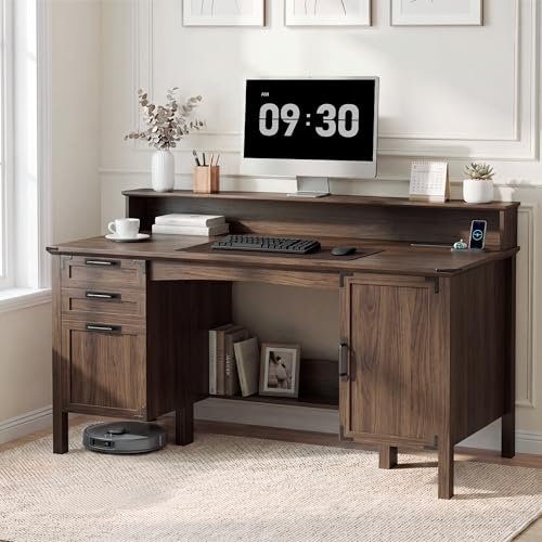 63" Farmhouse Desk w/Power Outlet & Monitor Stand, Walnut, view 2