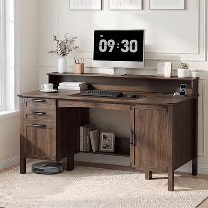 63" Farmhouse Desk w/Power Outlet & Monitor Stand, Walnut, view 2