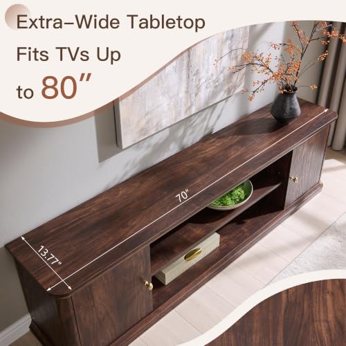 Modern 70" TV Stand w/Storage, Wood Curved TV Console, Brown, view 7