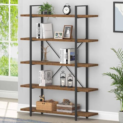 Rustic Wood Bookshelf, 5 Shelf Bookcases with Storage, Rustic Brown, view 2