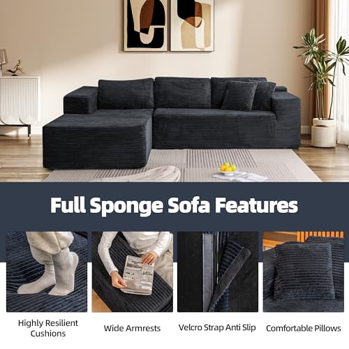 106" Cloud Sectional Couch with Chaise Lounge, L-Shape Modular Sectional Boneless Sofa with Deep Seat, Upholstered Couches for Living Room Bedroom, No Assemble, Black (Plush Corduroy Fabric)