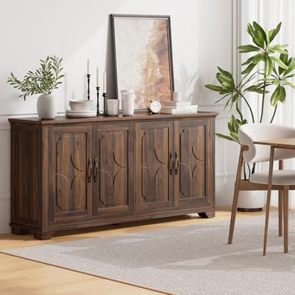 63 Inch Buffet Cabinet with Storage, 4 Carved Doors, Brown, view 6