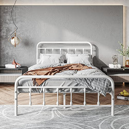 Full Size Bed Frame with Headboard and Footboard Vintage Metal White, view 4