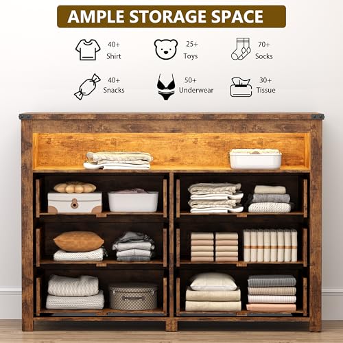 Dresser for Bedroom with 6 Drawers, LED Lights, Power Outlet, Brown, view 6