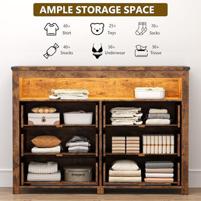 Dresser for Bedroom with 6 Drawers, LED Lights, Power Outlet, Brown, view 6