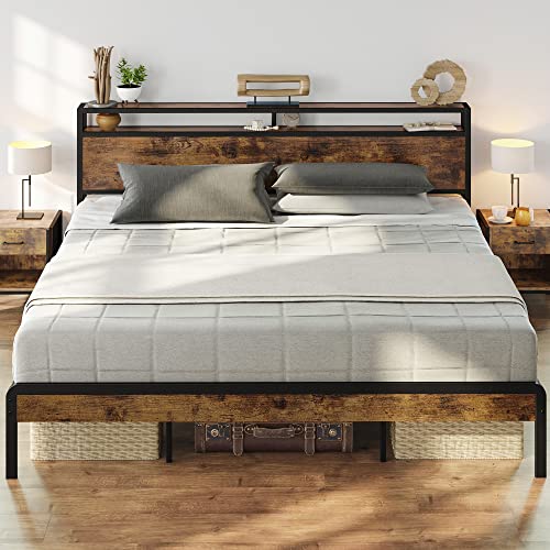 King Size Bed Frame, Platform Bed with 2-Tier Storage Headboard, view 3