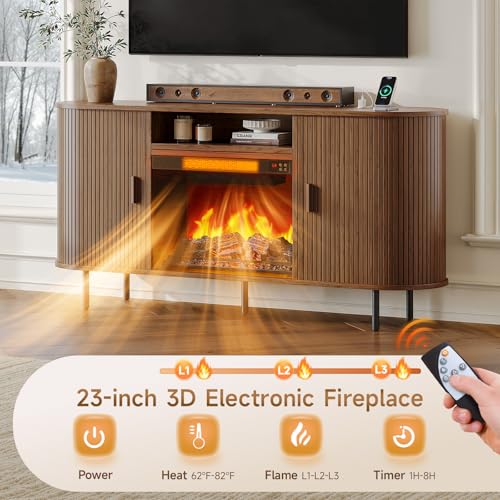 63" Fluted Fireplace TV Stand with Sliding Doors & Power Outlet, view 4
