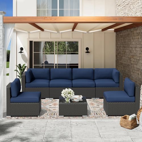 7-Piece Outdoor Patio Furniture Sofa Set Black Rattan Wicker Sectional Conversation Sets with Glass Top Table and Cushions(Dark Blue)