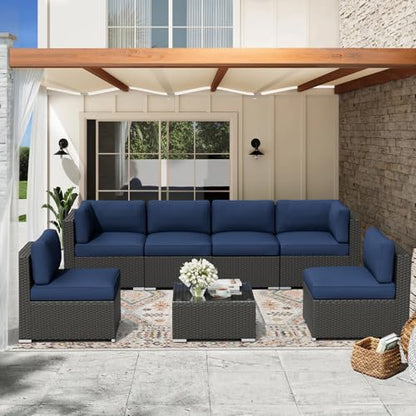 7-Piece Outdoor Patio Furniture Sofa Set Black Rattan Wicker Sectional Conversation Sets with Glass Top Table and Cushions(Dark Blue)