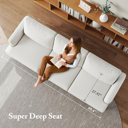 3 Seater Sofa Couch with Deep Seats, 89" Mid Century Modern Upholstered Sofa, Comfy Sofas with Armrests, Couches for Living Room, Bedroom, Apartment and Office (Beige)