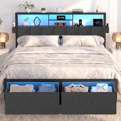 Queen Bed Frame with LED Lights, Storage Drawers and Charging Station, view 2