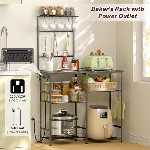 3IngSeagulls Bakers Rack with Power Outlet, Kitchen Microwave Stand with 10 S-shaped Hooks, 6-Tier Coffee Bar Station, Kitchen Storage Shelf Rack for Spices, Pots, Gray