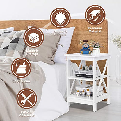 3-Tier End Table with Storage Shelves Versatile X-Design Sofa Side Table for Living Room Bedroom Apartment Small Space, White