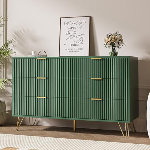 Green 6 Drawer Dresser for Bedroom, Fluted Dresser with Gold metal Handles, view 7