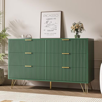 Green 6 Drawer Dresser for Bedroom, Fluted Dresser with Gold metal Handles, view 7