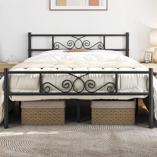 Full Metal Bed Frame with Scroll Headboard and Footboard Black, view 2