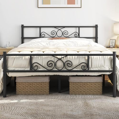 Full Metal Bed Frame with Scroll Headboard and Footboard Black, view 2