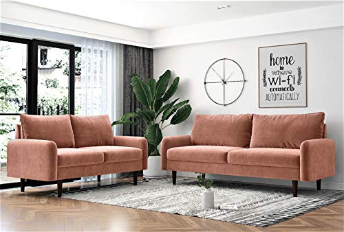 Americus Velvet Upholstered 3 Seater Couch for Living Room, with Luxurious Mid Century Modern Design and Wooden Base, Sofa, Rose