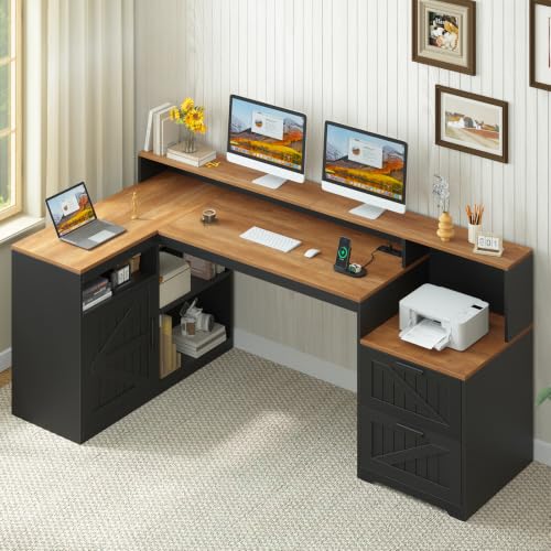 65" Farmhouse Computer Desk with Drawers and Printer Stand for Home Office, view 2