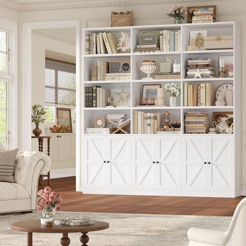 75" Triple Wide Bookshelf, White Bookshelf and Bookcase with 6 Farmhouse Doors, 71" Wide 6 Tier Book Shelf with 18 Storage Shelves, Large Wooden Bookshelves, Tall Bookcase for Office, White