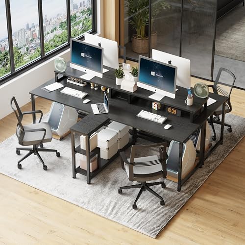 Two Person Desk with LED Lights & Power Outlet, 83.7" Extra Long Computer Desk with Monitor Stand & Storage Shelves, Double Study Work Writing Table Workstation for Home Office, Black