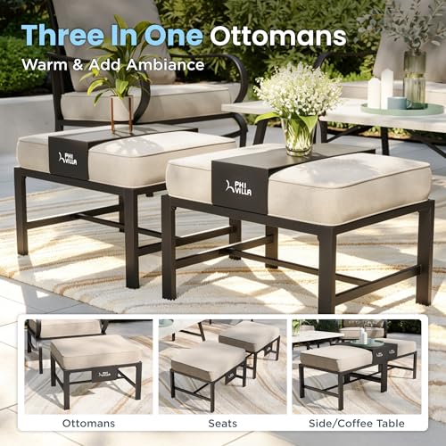 5 Piece Metal Patio Furniture Set with 5.75" Cushion, Modern Outdoor Furniture Set with 3-Seater Deep Seating Sofa, 2 Patio Swivel Chairs & 2 Ottoman, Patio Conversation Sets for Garden Deck