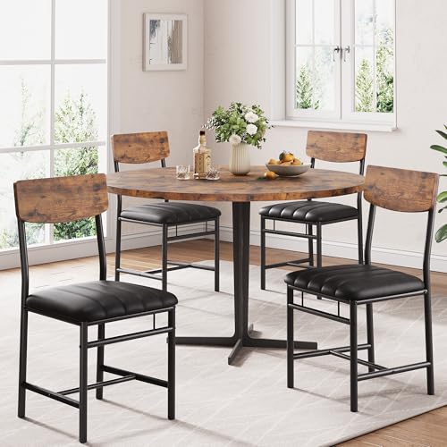 Industrial Dining Chairs Set of 4 - Upholstered Dining Room Chairs with PU Leather, Kitchen Chairs with Wooden Backrest and Thickened Metal Legs, for Dining Room, Living Room（Rustic Brown）